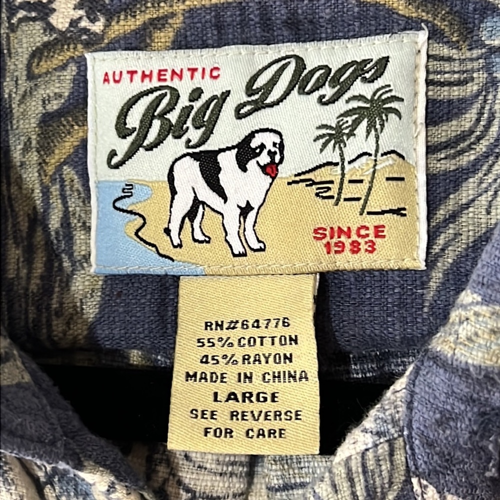 Vintage‎ Big Dogs Hawaiian Shirt Blue Floral Palms Dogs, Size Large - Picture 8 of 11